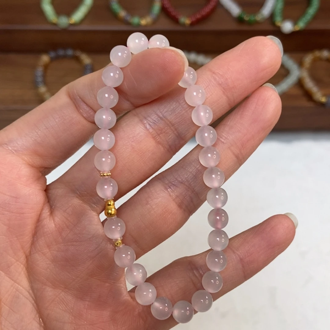 和田玉18K金镶嵌手链5.8mm冰猫藕粉