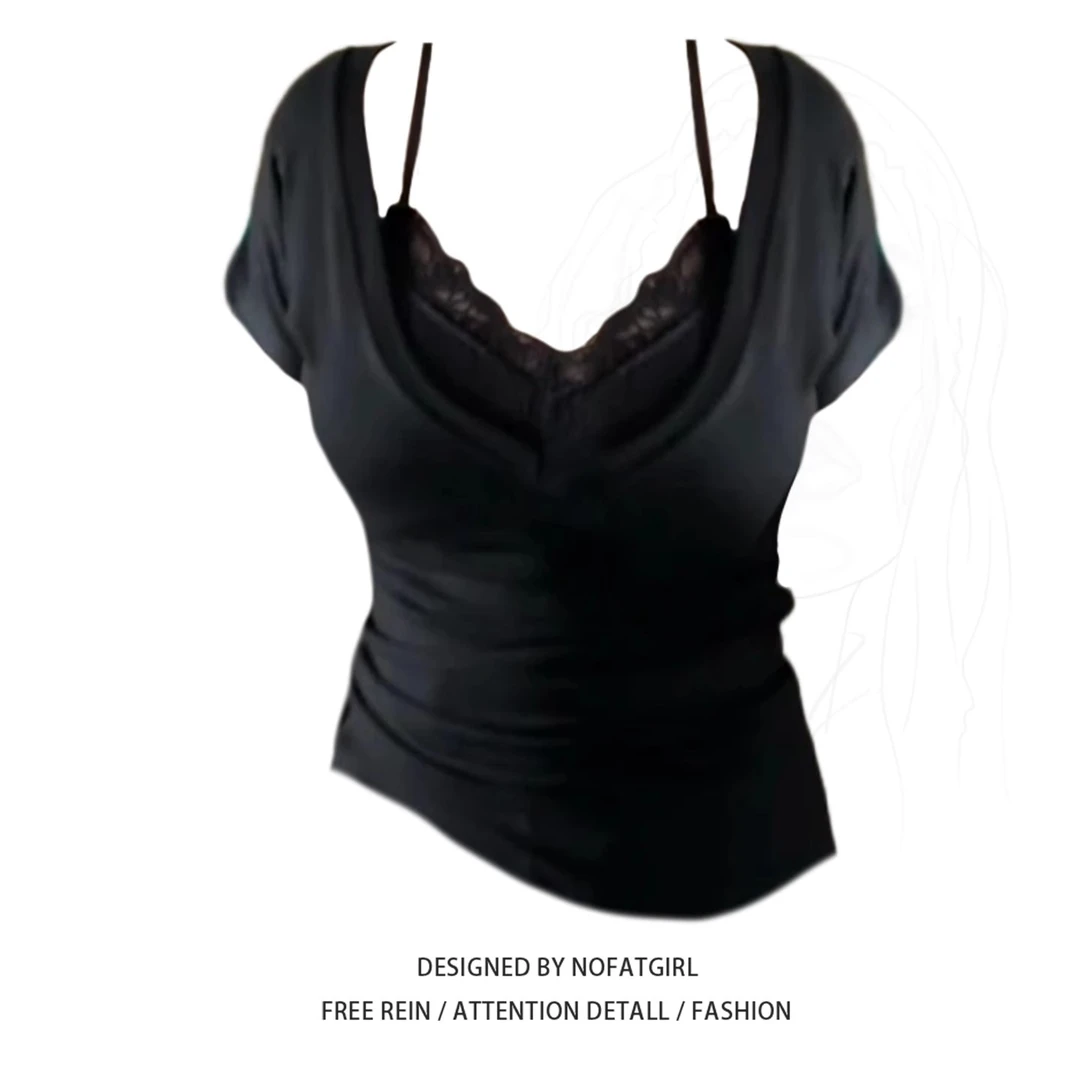 大码胖MM韩系复古蕾丝拼接V领挂脖T恤女夏季小众收腰显瘦短袖上衣