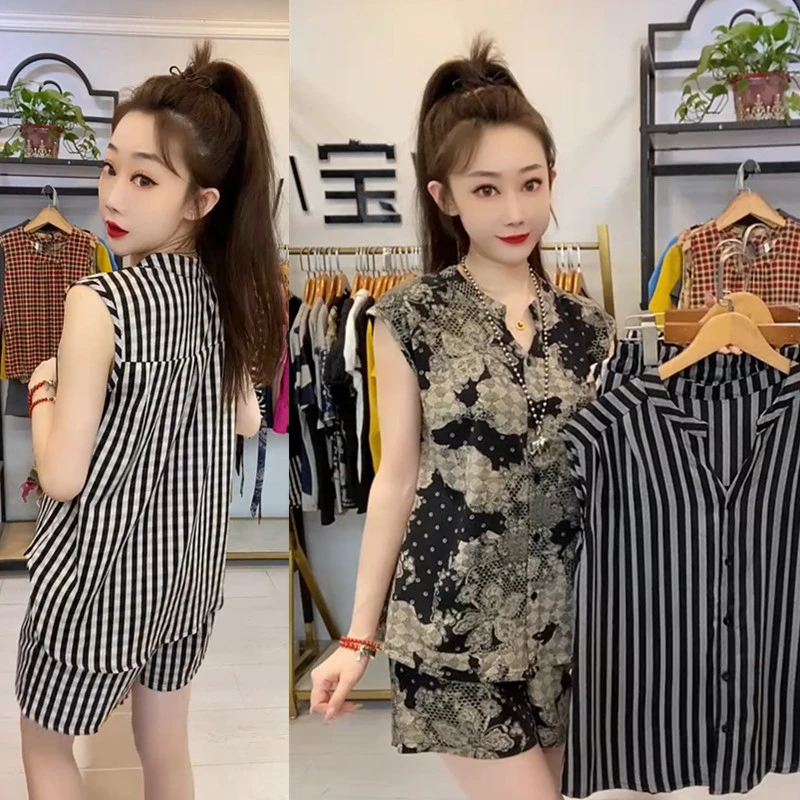 网红爆款印花拼接圆领休闲时尚套装女气质百搭宽松显瘦两件套潮