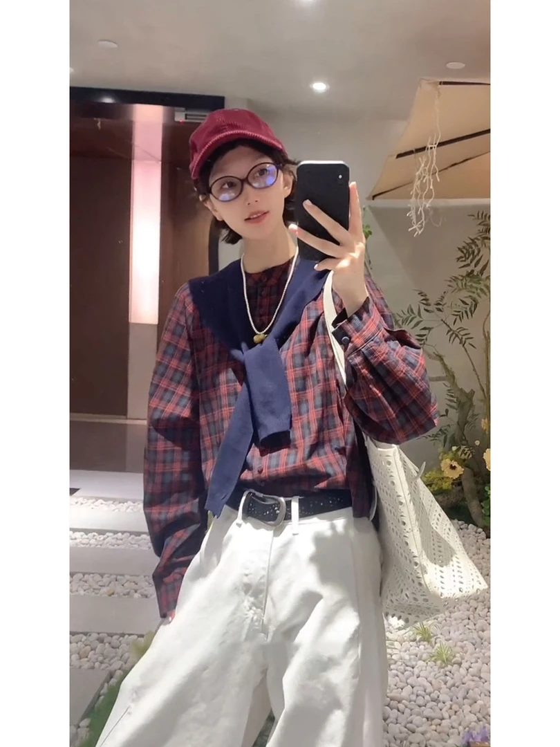 2025秋季新款韩版时尚显瘦圆领格子长袖衬衫女装宽松减龄洋气上衣