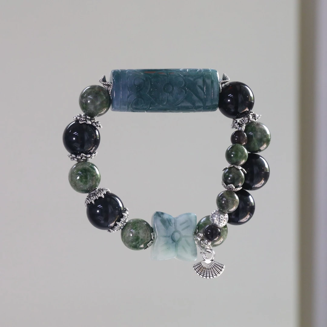 CB4351【青铜门2.0】 银曜石 透辉石 翡翠筒子 百搭水晶手串