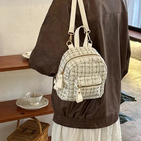 韩系复古双肩包包女2025新款小香风通勤迷你背包学生上课书包