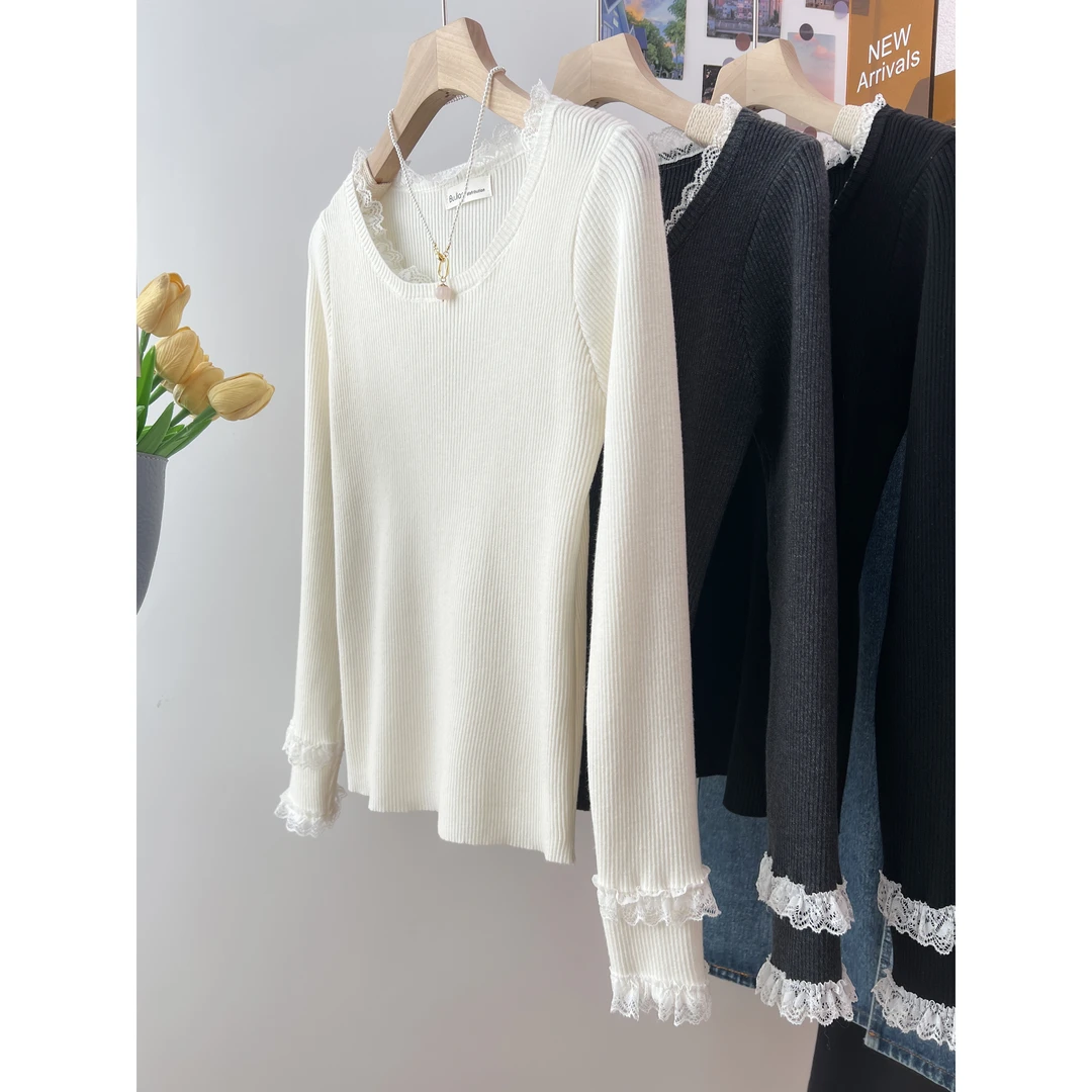 高级感蕾丝边针织打底衫女内搭秋冬季洋气加厚修身显瘦长袖打底衣