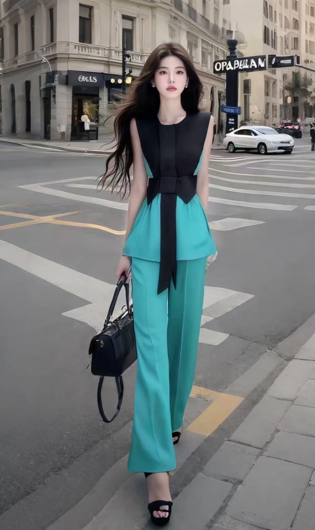 新款时尚通勤风湖蓝色圆领无袖修身上衣百搭显瘦长裤氛围感两件套