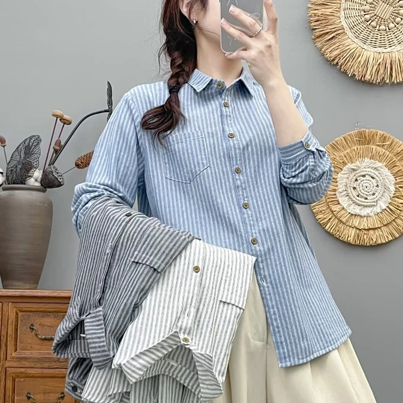 春秋韩版洋气蓝色纯棉条纹衬衫女宽松百搭休闲简约长袖叠穿衬衣