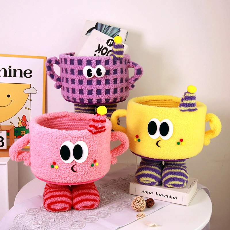 编织家用大脚丫小怪兽收纳筐杂物零食整理网红多巴胺羊羔绒储物篮