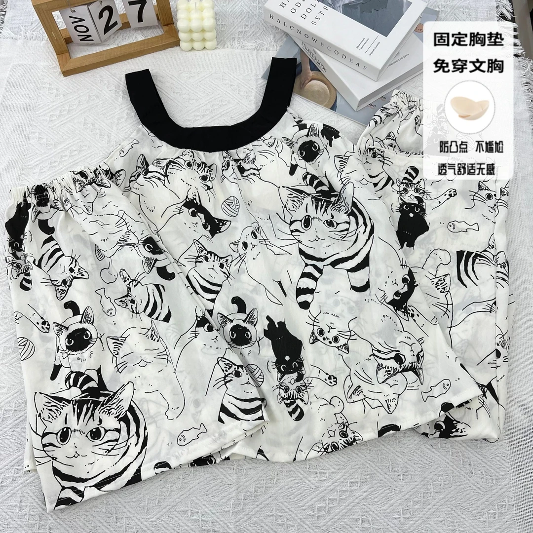 云朵棉小黑猫带胸垫睡衣女款夏季吊带短裤薄款少女风家居服三件套