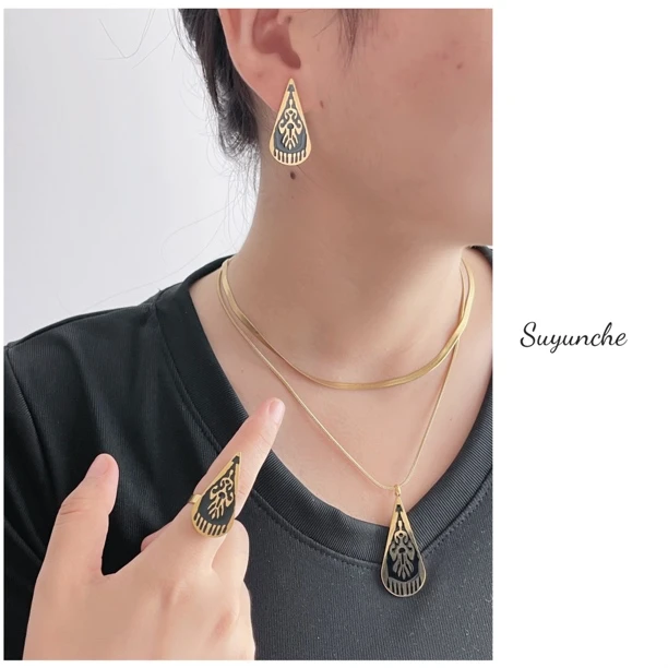 钛钢项链 Suyunche2580气质atlas水滴双层叠加项链三件套时尚