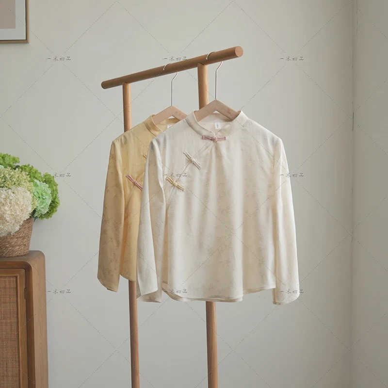 5092《雪诗》原创新中式复古提花衬衫气质斜襟国风上衣