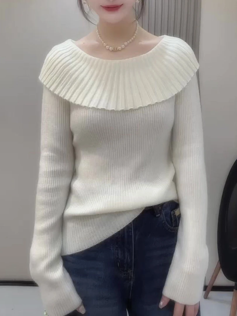 法式气质百搭别致显瘦款白色上衣女2025早秋露肩时髦设计感针织衫