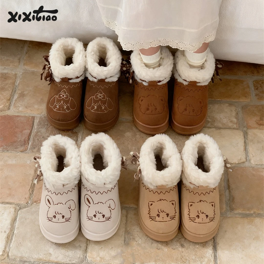 细细条 正版联名雪地靴女可爱卡通冬季保暖加绒防滑厚底东北棉靴