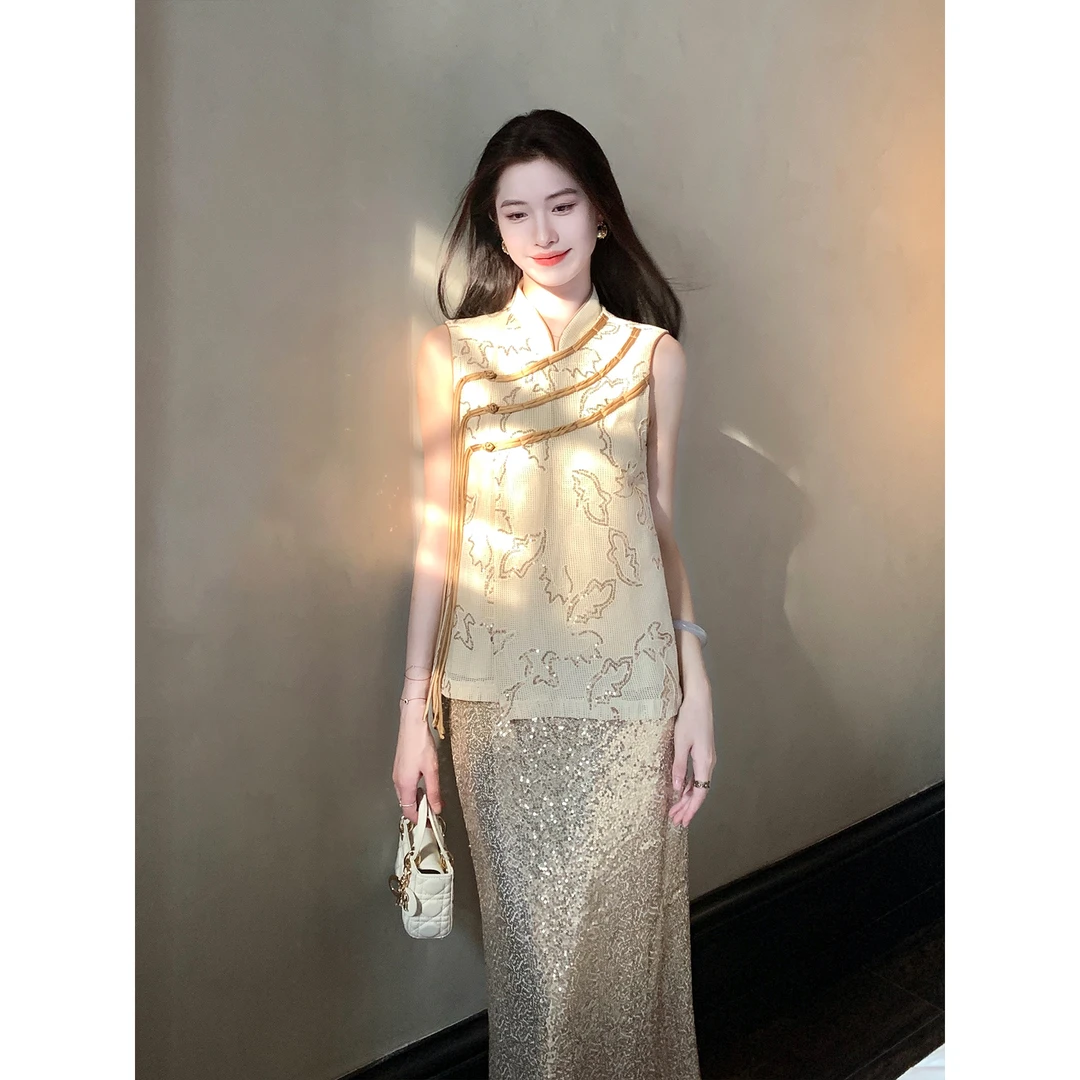 凌茜恣禾【昩烟雨】国风新中式无袖马甲重工珠片半身裙套装