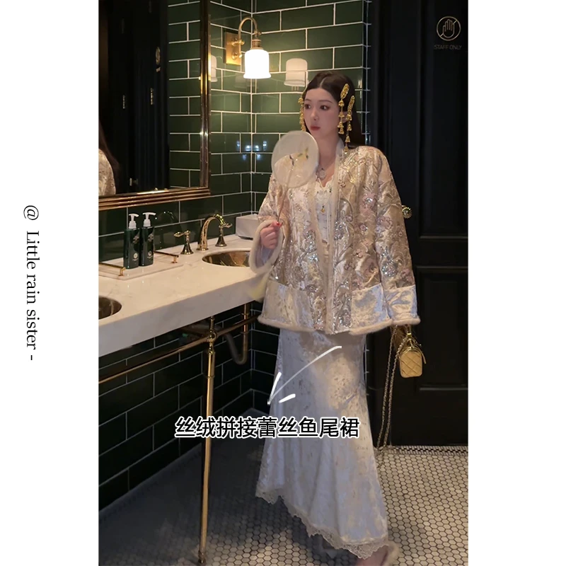 小雨姐姐新款【浅鸢人鱼裙】高级感蕾丝拼接高腰丝绒鱼尾半身裙女