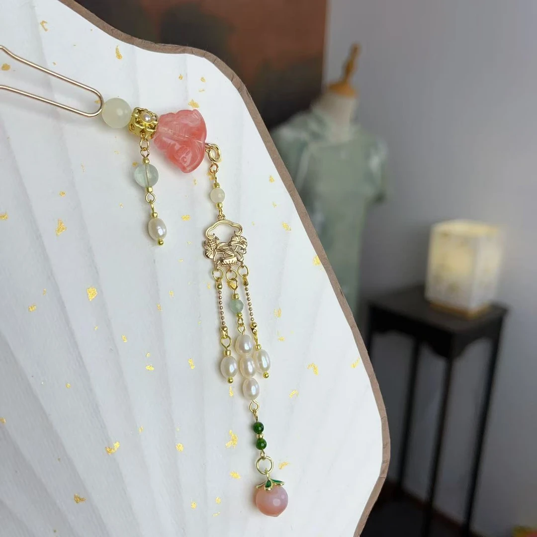 原创手工风晚林古风配饰粉色蝴蝶流苏汉服发钗U钗步摇