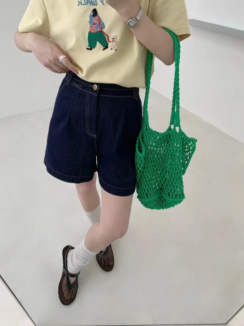 9129超薄后腰刺绣深蓝色牛仔短裤