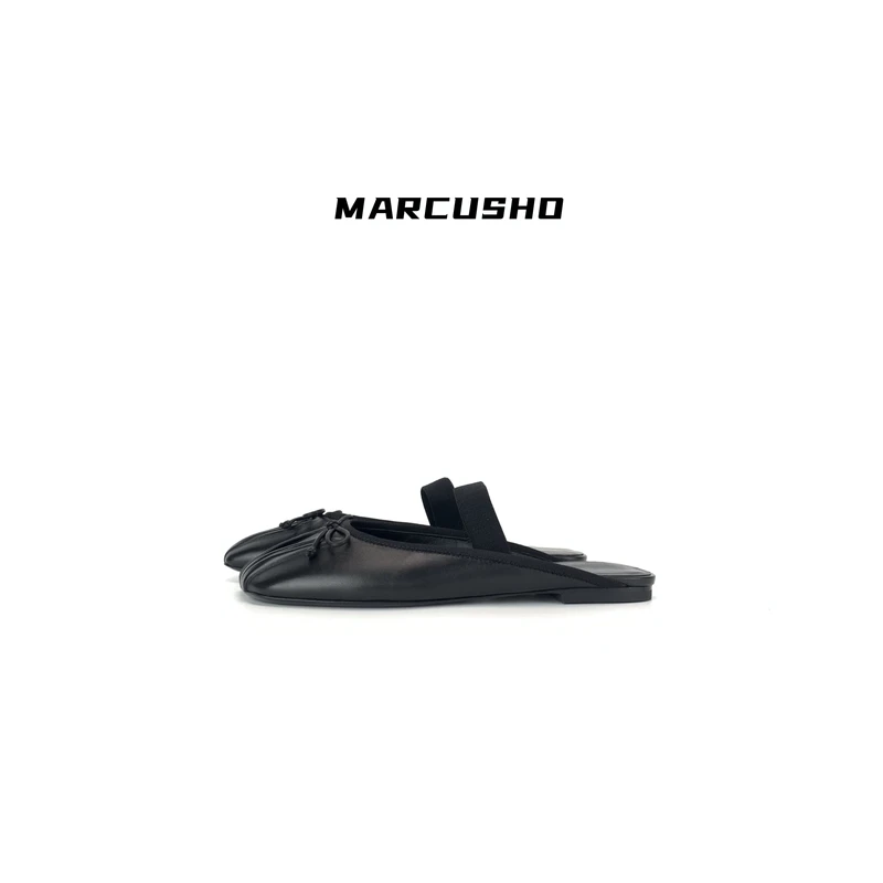 MARCUSHO（燕子）褶皱蝴蝶结玛丽珍弹力带方头包头凉鞋D1171