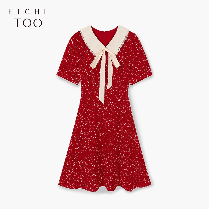 A爱居兔夏季女装淑女撞色系带领大裙摆短袖连衣裙EQLBJ2L115A