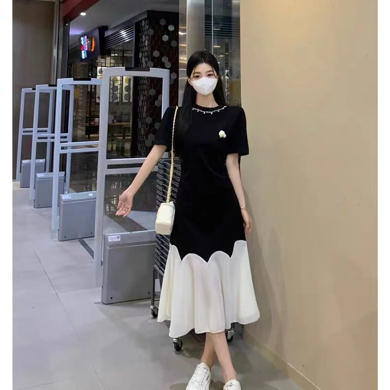 （芸品专属）假两件法式连衣裙夏季微胖mm收腰显瘦黑色a字裙女1821