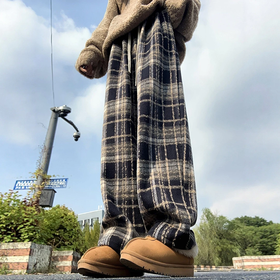加厚格子裤女冬2025新款加绒裤子高腰垂感休闲毛呢休闲直筒阔腿裤