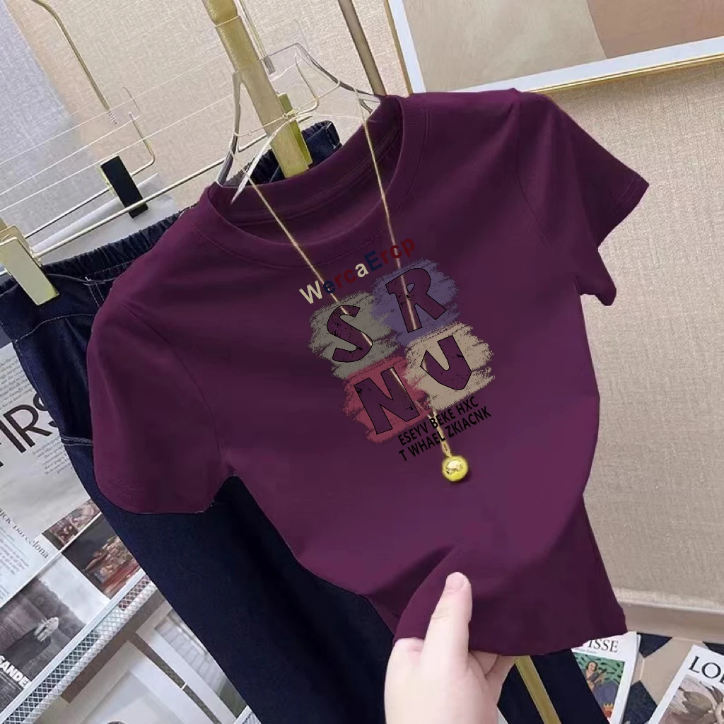 X13#时尚圆领短袖T恤女夏季新款韩版设计感字母印花显瘦半袖上衣