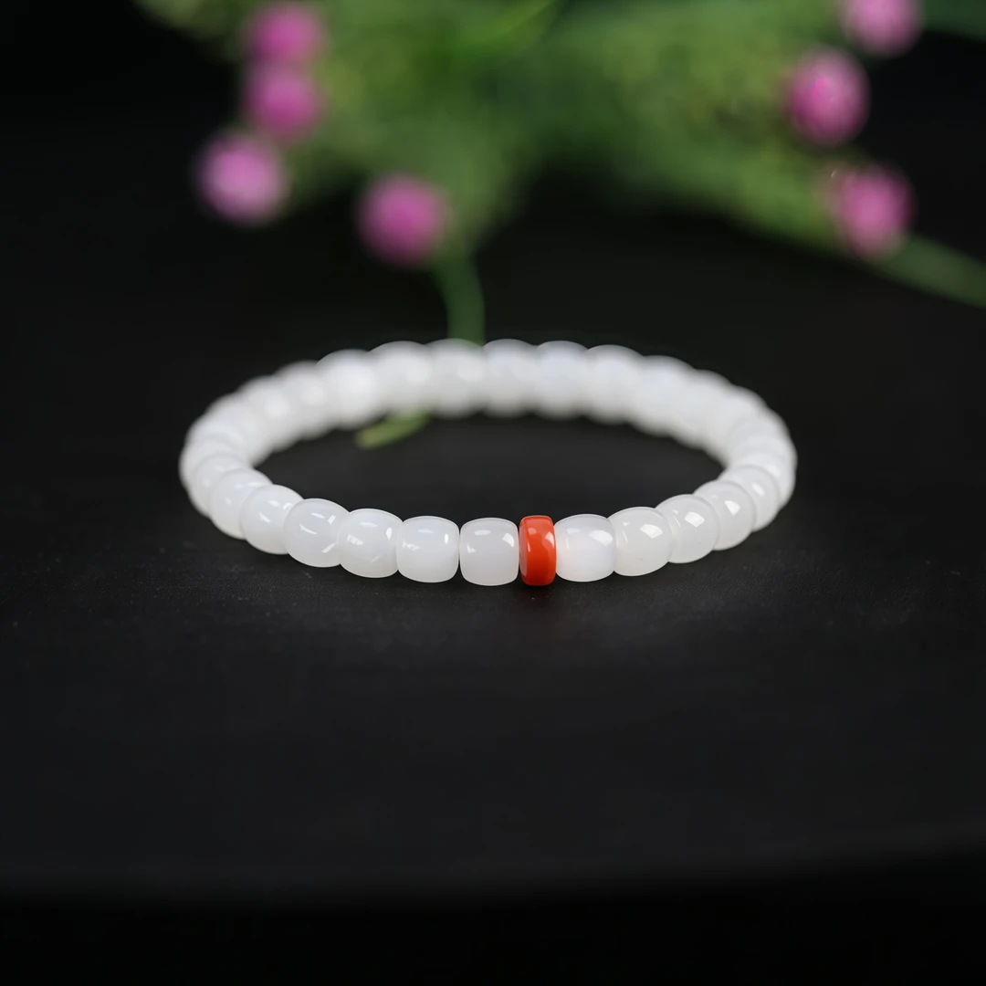 天然和田玉羊脂白直切搭配南红隔珠手串7mm个性百搭适合送女友