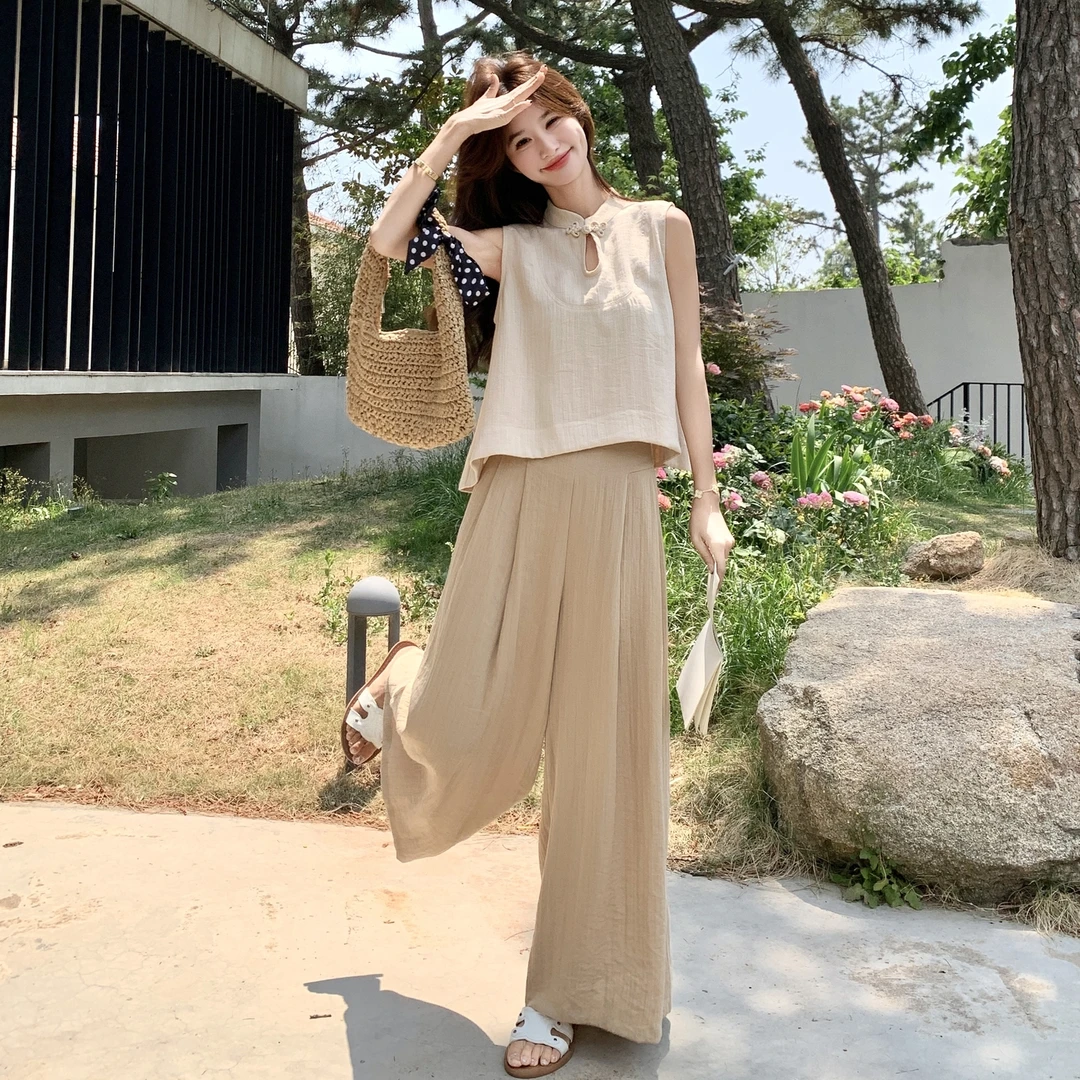 新中式设计感立领旗袍改良上衣阔腿裤套装两件套女夏季法式温柔系