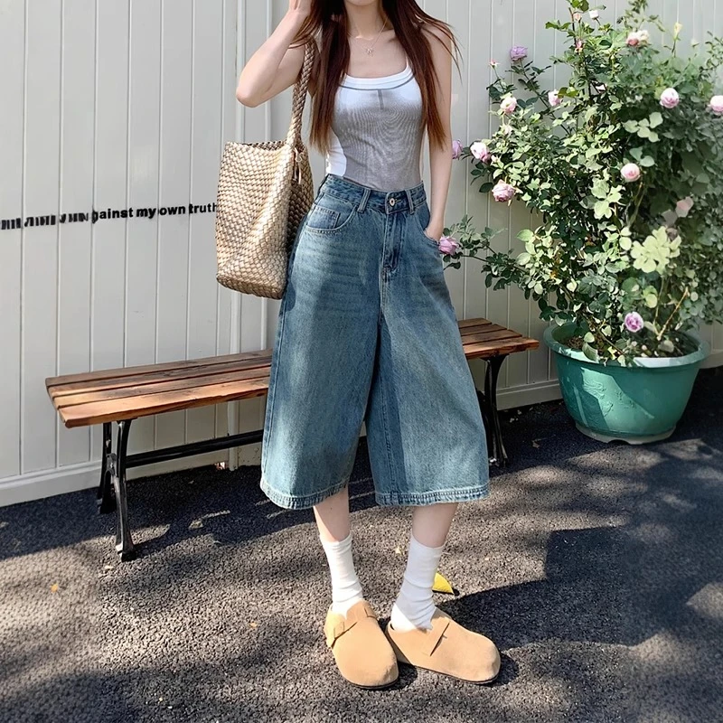 美式阔腿七分牛仔裤女2025年夏季新款7分裤显瘦直筒八分爆款裤子