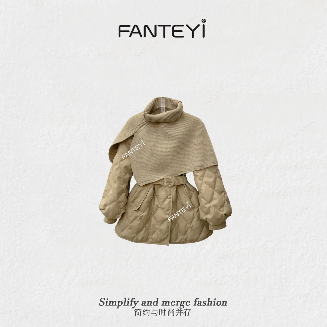 范特依-506冬季新款温柔高领针织披肩菱格收腰轻奢气质羽绒服7942