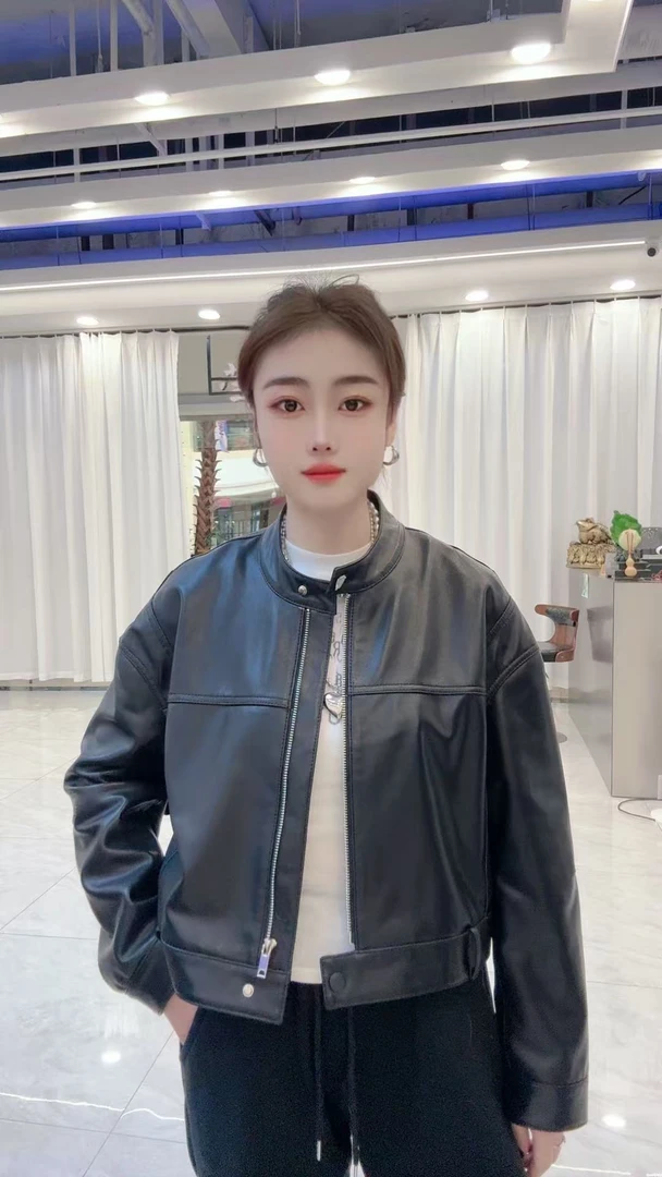 短款修身型立领常规款圆领皮衣秋季女士黑色休闲简约春季时尚