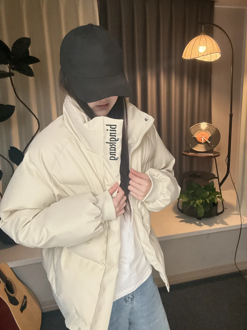刺绣立领PU皮棉衣美式雾面保暖棉服潮流情侣潮男外套微胖男生冬季