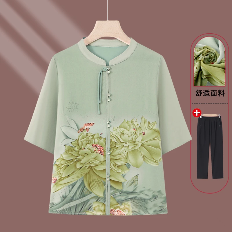 2025中老年新中式女装夏季中袖衬衫新款妈妈时尚立领洋气小衫上衣