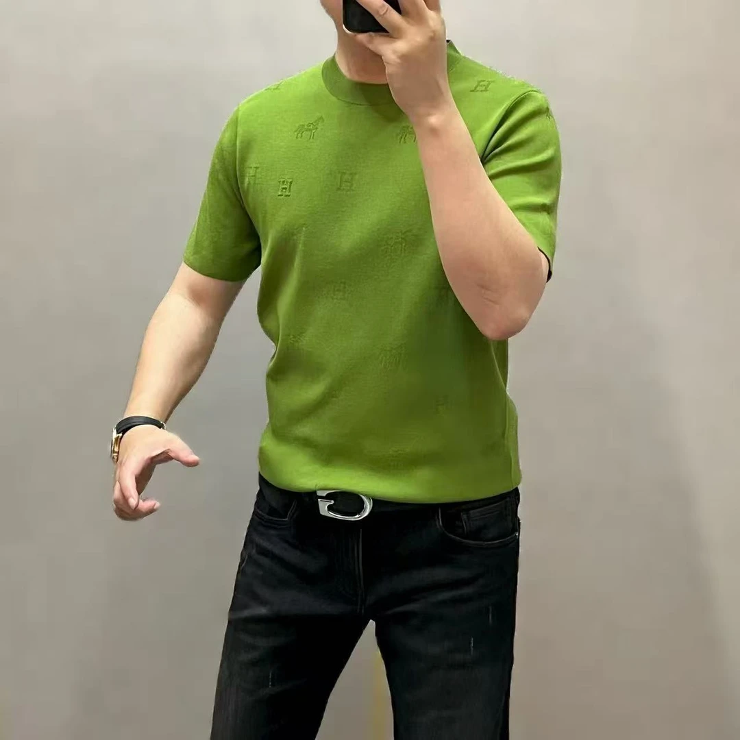 新款高端潮流男士时尚休闲字母满花针织圆领短袖T恤