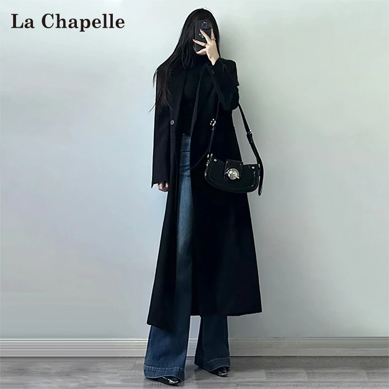 拉夏贝尔美式复古微喇牛仔裤女2025新款冬季加绒高腰显瘦喇叭裤子