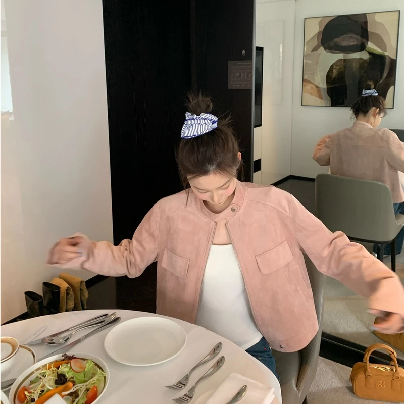 Yuki wang日奈腔调 甜系英伦风短款夹克立领上衣外套芋粉色