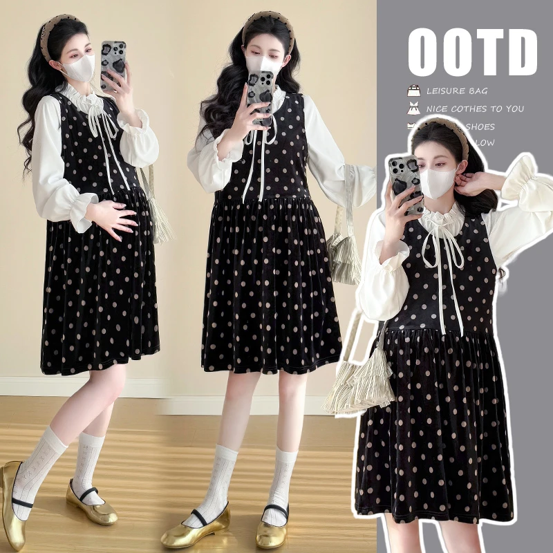 【喵喵严选】 2025新款波点孕妇吊带裙减龄喇叭袖衬衣两件套小个子