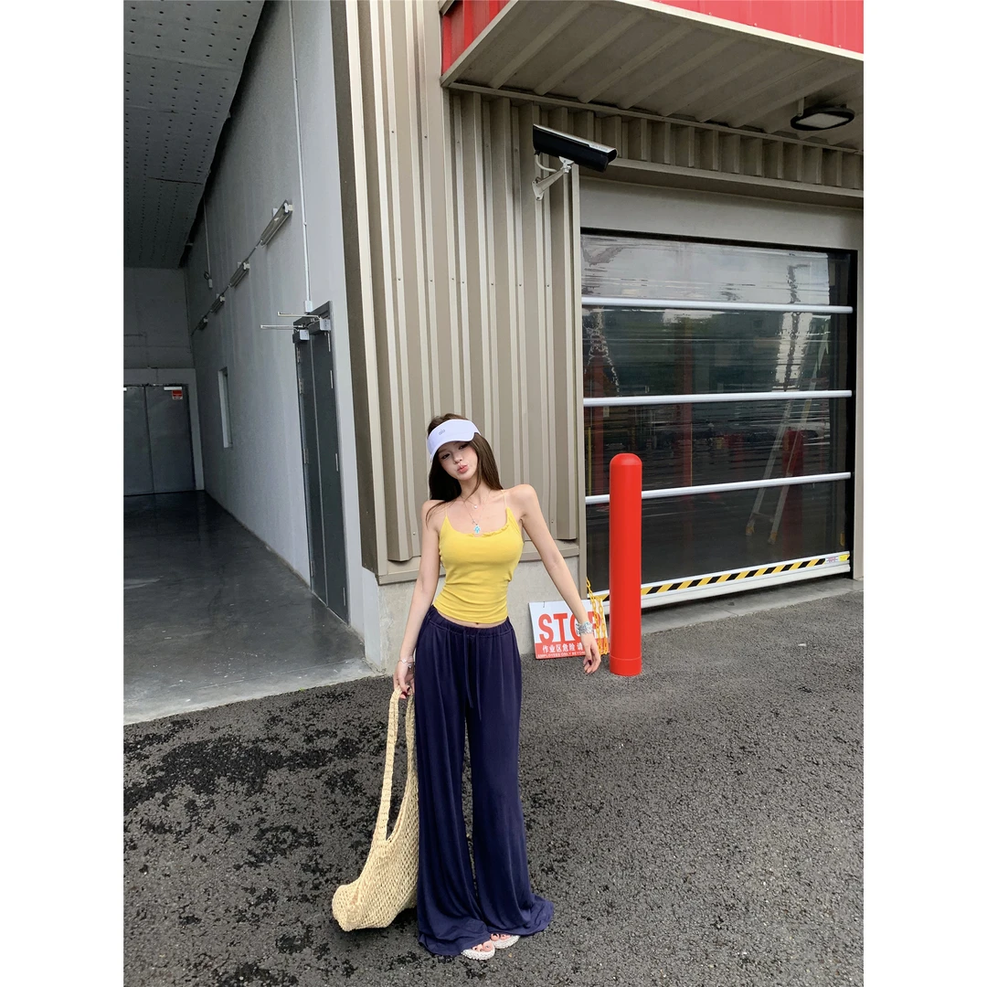 韩系纯欲复古吊带背心套装女绝美别致时尚百搭气质直筒裤子两件套
