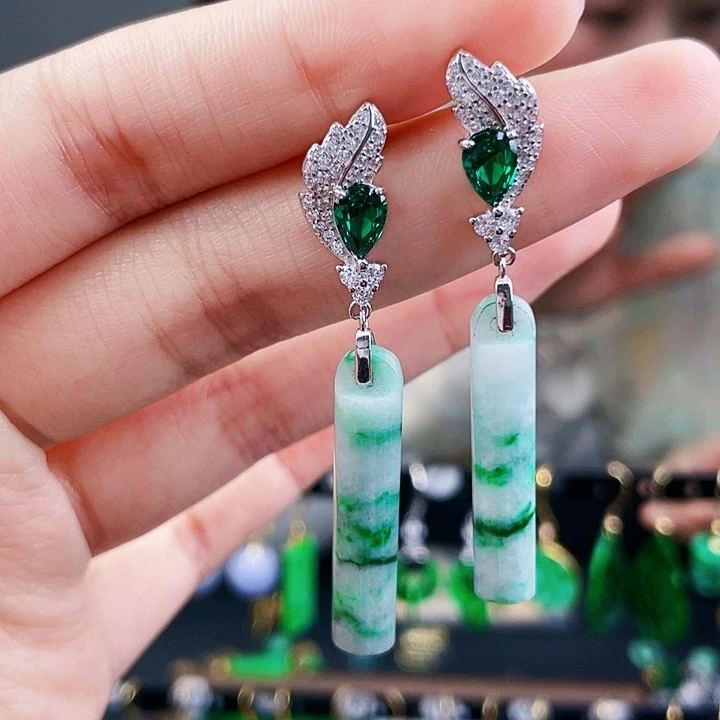 翡翠耳饰银S925镶嵌饰品