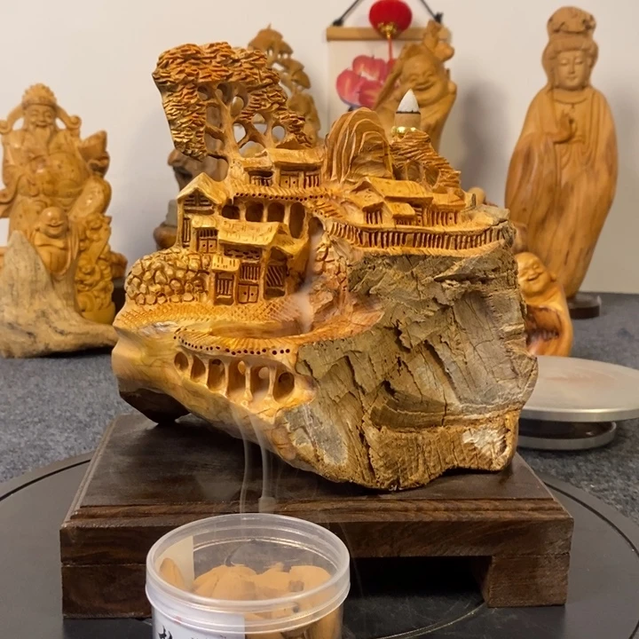 柏木崖柏山水倒流香根雕工艺品摆件