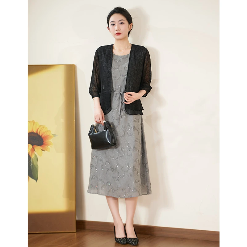 【两件套】迪欧芙2025年夏季新款开衫灰色连衣裙套装#XTZ18193C