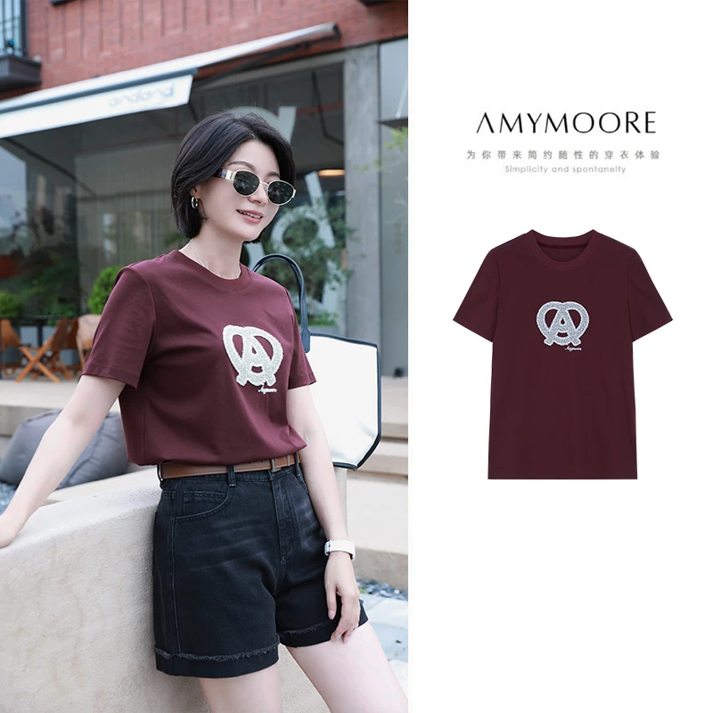AMYMOORE艾莫尔女装2025年夏季T恤短袖全棉透气红色休闲321224