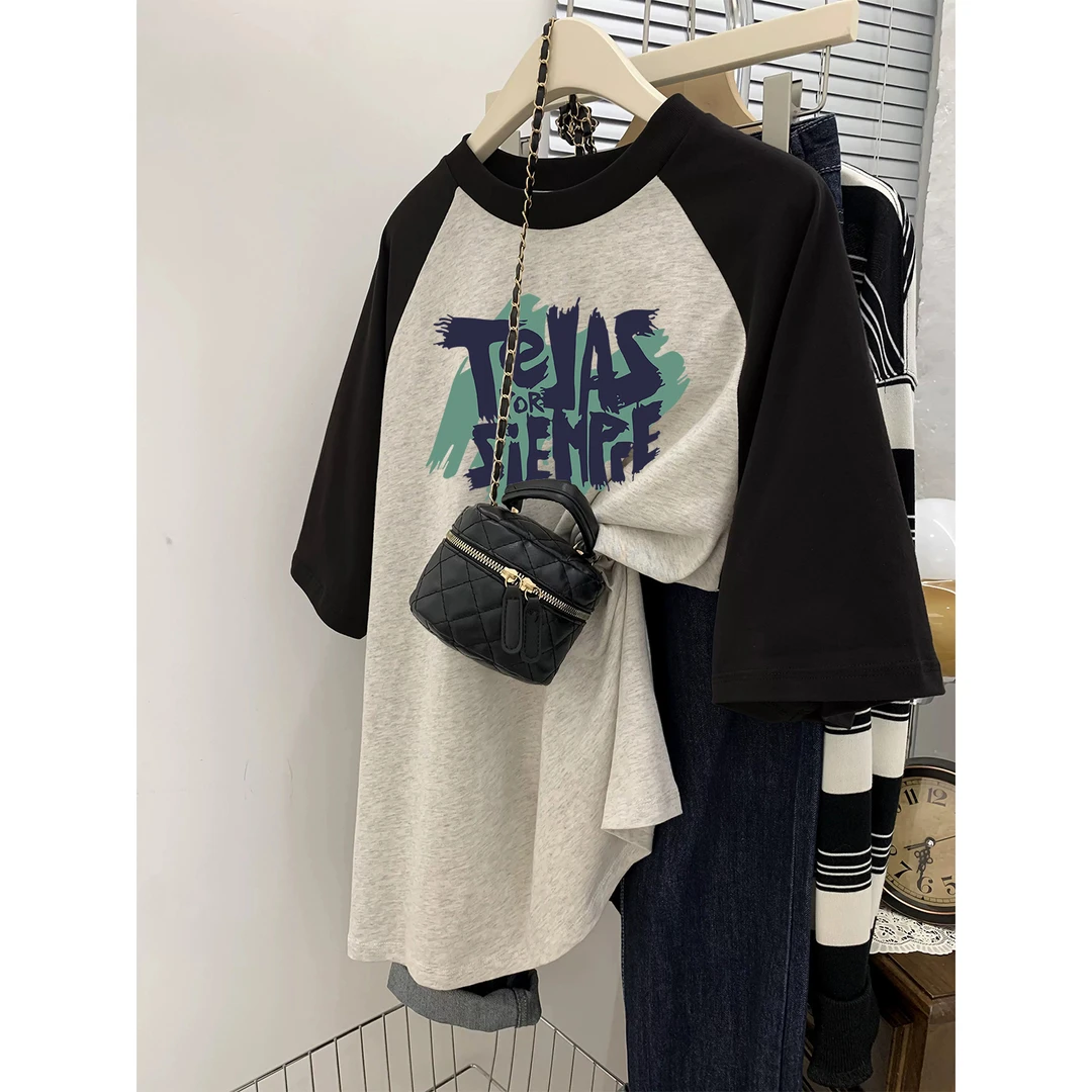 大码oversize宽松胖mm夏季插肩纯棉短袖t恤女装显瘦百搭休闲上衣