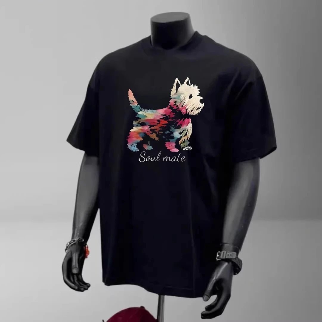 300g重磅纯棉创意写实毛绒狗印花T恤男潮牌短袖纯棉小众T恤情侣装