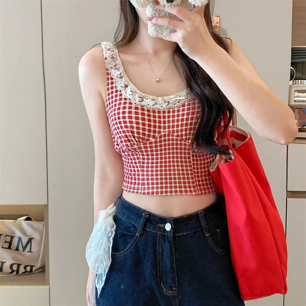 夏季小众格纹蕾丝上衣美式甜辣吊带背心带胸垫纯欲美背抹胸内搭