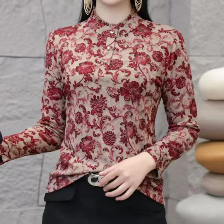 2025春季新款洋气小花木耳领花边妈妈装弹力大码显瘦小衫