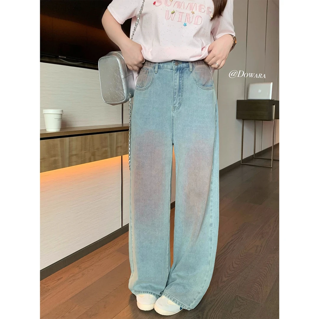 现货9160X大婉酱千千微胖定制【腮红裤】薄款高腰牛仔裤直筒阔腿裤