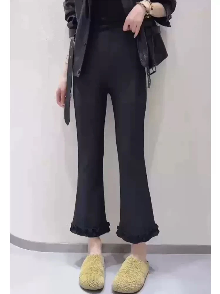 夏季薄款高腰木耳边显瘦百搭弹力纯色九分微喇裤