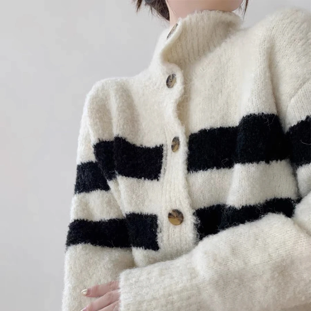 韩系半高领撞色条纹针织开衫外套女秋冬单排扣慵懒风加厚毛衣#270