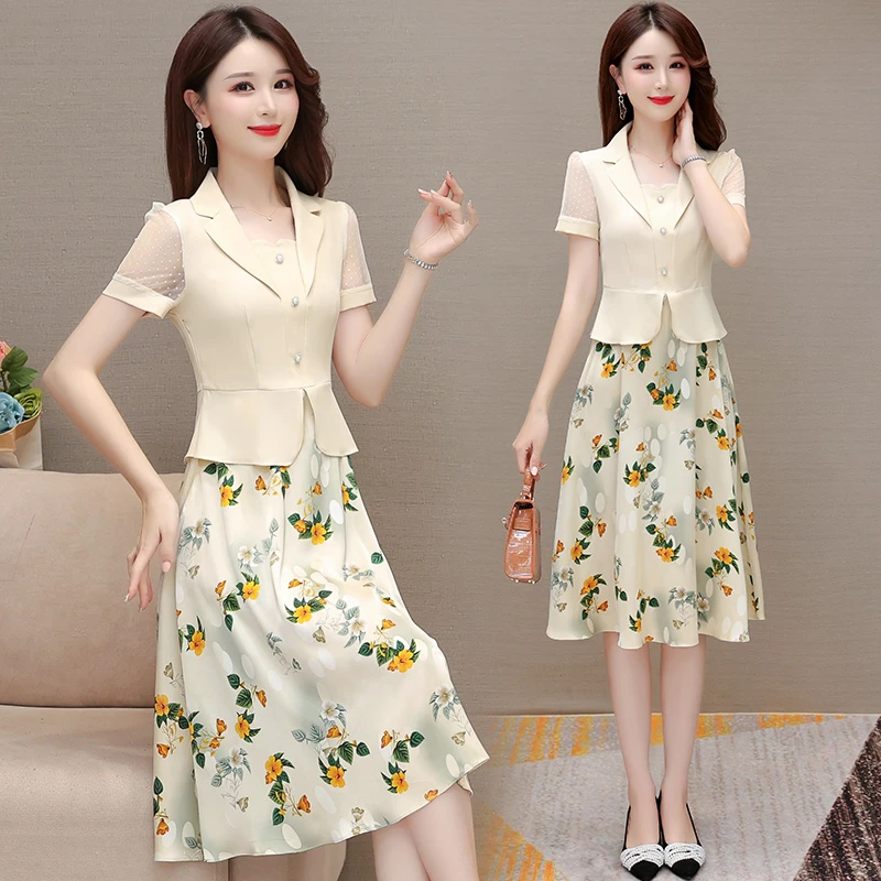 气质短袖西装领连衣裙女2025新款夏季洋气碎花减龄高级感碎花裙