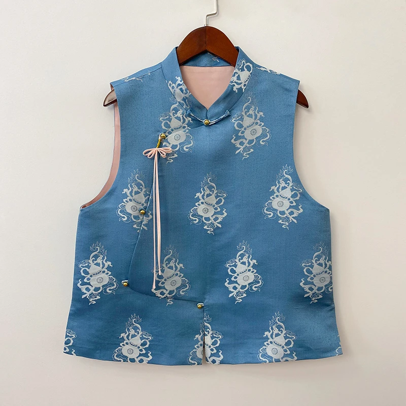 蓝色葫芦马甲新中式国风立领对襟盘扣时尚大气秋冬女士宋锦马夹