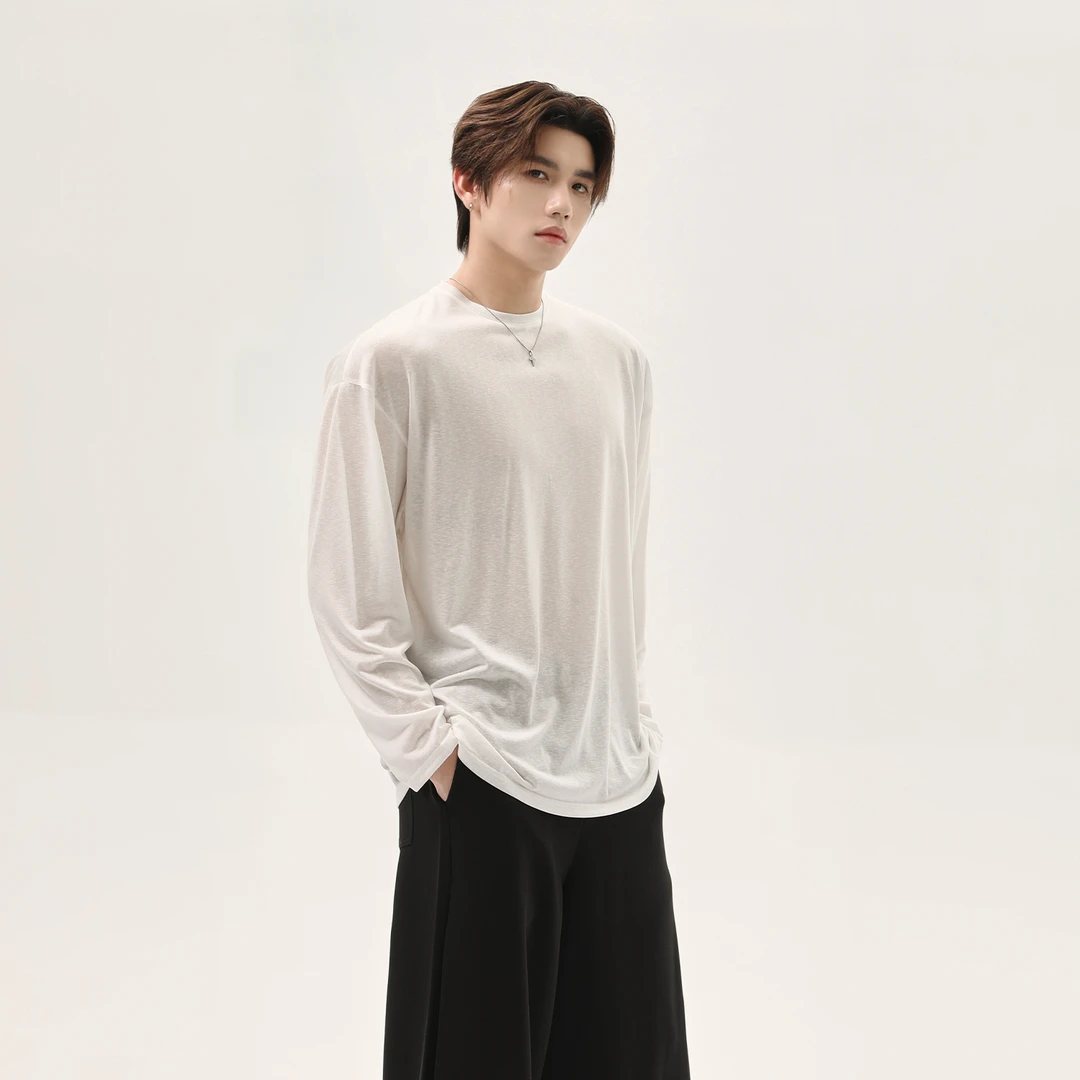 TURNTIDE小众薄款长袖T恤圆领纯色简约宽松休闲百搭透气cleanfit